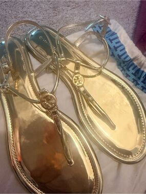 Tory Burch Gold Metallic Logo Thong Sandals